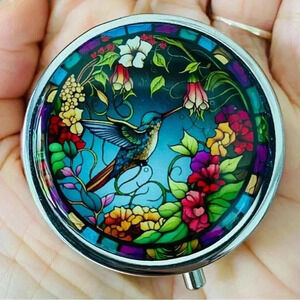 Gorgeous Hummingbird Pillbox Container Silver 3 Compartment